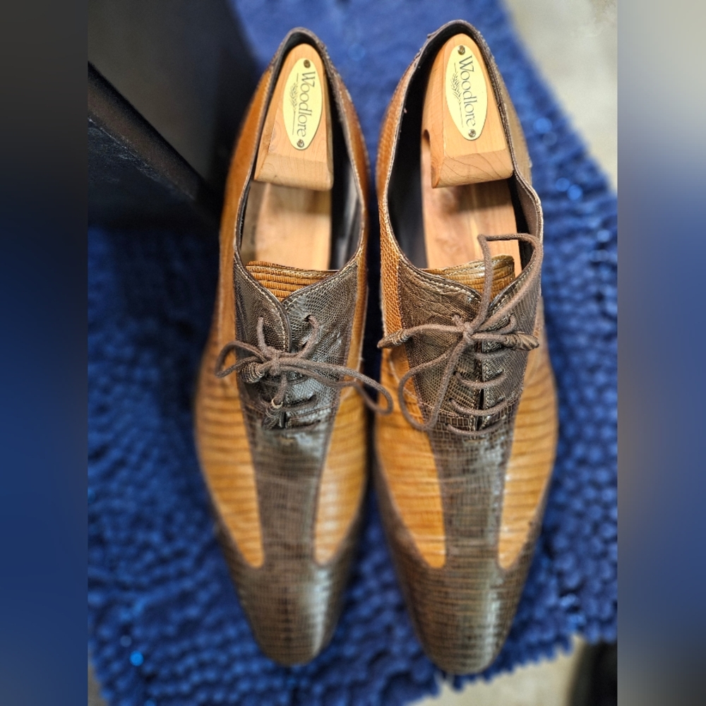 Mezlan Platinum Brown/Camel lace up two tone Lizard sz 10.5